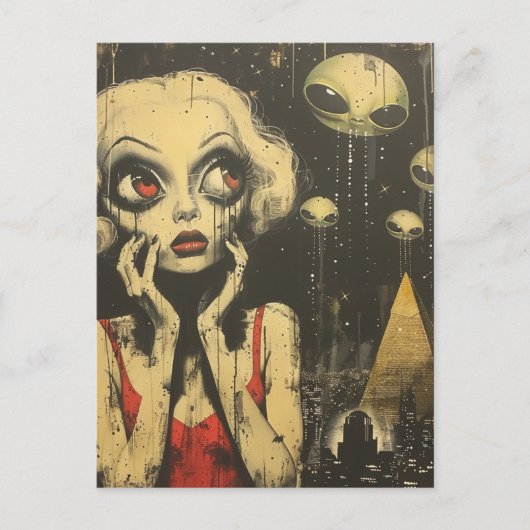 Aliens en vrouwen in rode jurk Scifi Fantasy Briefkaart (Voorkant)