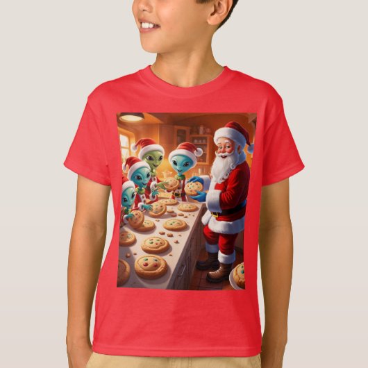 aliens helpen kerstman koekjes bakken t-shirt (Voorkant)