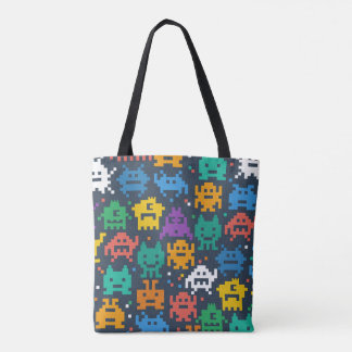 aliens met 8 bits tote bag