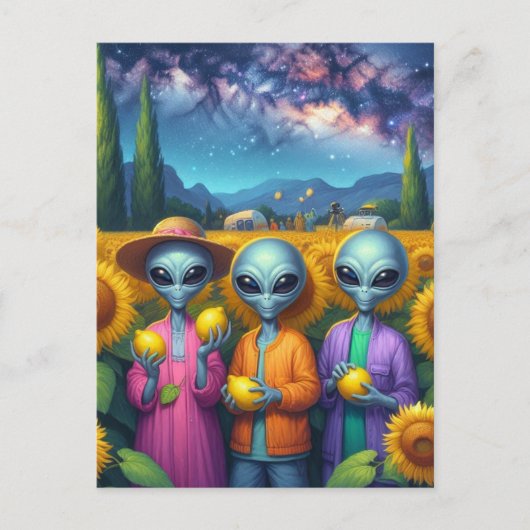 Aliens met citroenen in zonnebloemen briefkaart (Voorkant)