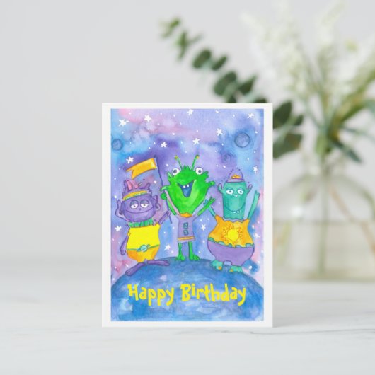 Aliens Outer Space Happy Birthday Briefkaart (Staand voorkant)