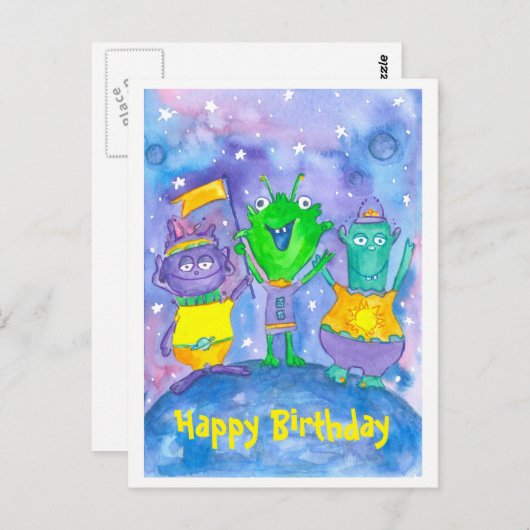 Aliens Outer Space Happy Birthday Briefkaart (Voorkant / Achterkant)