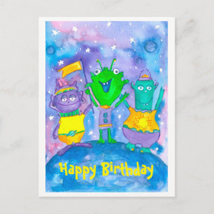 Aliens Outer Space Happy Birthday Briefkaart