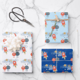 Aliens Ruimteschepen Jongen Verjaardag Wit Blauw Inpakpapier Vel