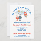 Aliens Ruimteschip Cartoon Jongen 4e Verjaardagsfe Kaart (Voorkant)