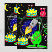 Aliens Ruimteschip Happy Birthday uitnodiging (Voorkant / Achterkant)