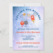 Aliens Ruimteschip Jongen Blauw Lila 4e Verjaardag Kaart (Voorkant)