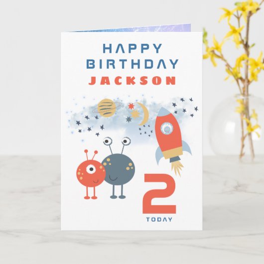 Aliens spaceship age 2 Birthday Space White Kaart (Gele Bloem)
