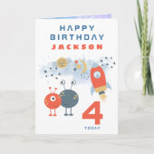Aliens Spaceship Age 4 Birthday Space White Kaart (Voorkant)