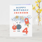 Aliens Spaceship Age 4 Birthday Space White Kaart (Gele Bloem)