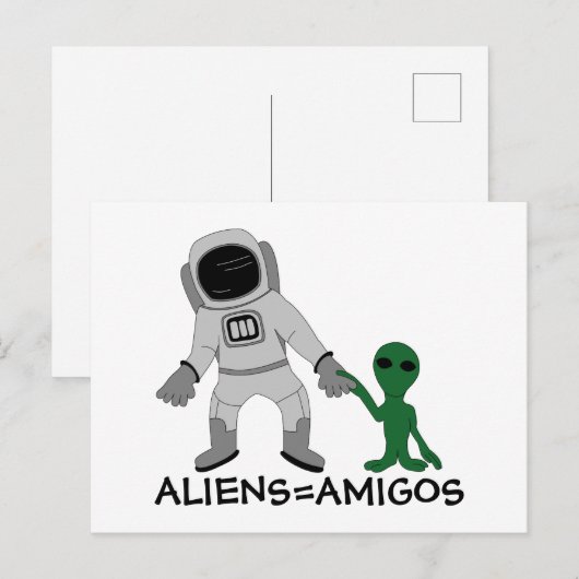 Aliens = vrienden, astronaut en buitenaards briefkaart (Voorkant / Achterkant)
