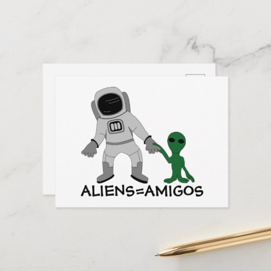 Aliens = vrienden, astronaut en buitenaards briefkaart (Voorkant / Achterkant in situ)