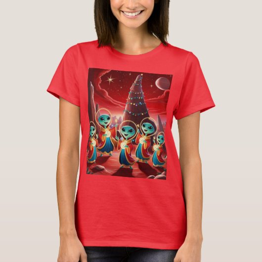 Aliens zingen kerstliederen t-shirt (Voorkant)