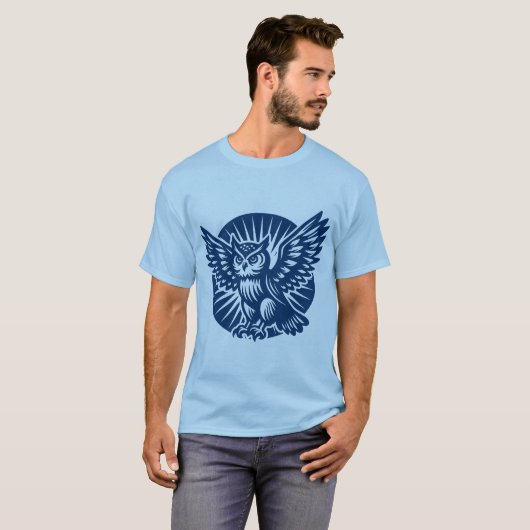 Alighting Uil in een geruite cirkel - Shibori Blue T-shirt (Voorkant volledig)