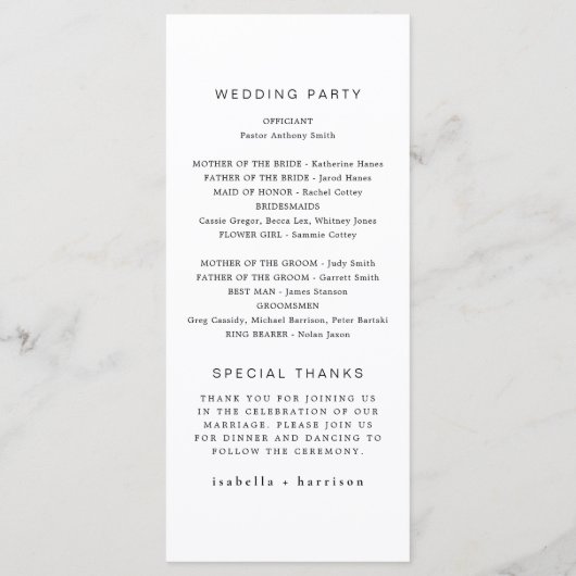 ALINA Minimalist Elegant Long Wedding Program Menu (Achterkant)