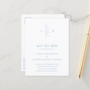 Alisha Dusty Blue Botanical Elegant Wedding Aankondigingskaart