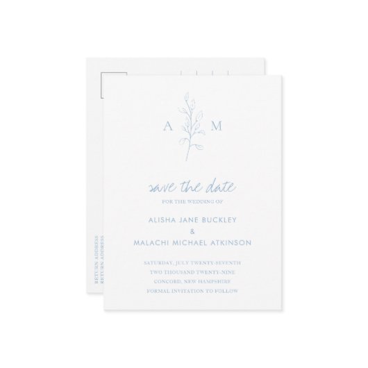 Alisha Dusty Blue Botanical Elegant Wedding Aankondigingskaart (Voorkant / Achterkant in situ)