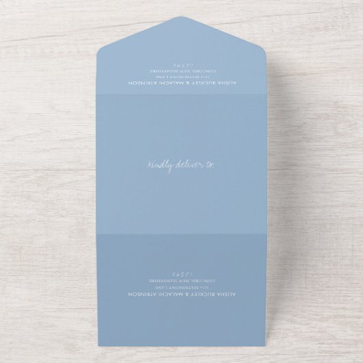 Alisha Dusty Blue Botanical Elegant Wedding All In One Uitnodiging (Buitenkant)