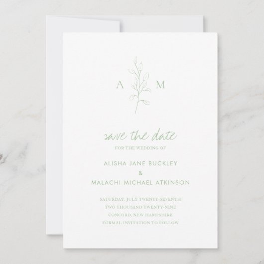 Alisha Sage Groene Botanische Elegante Huwelijk Save The Date (Voorkant)