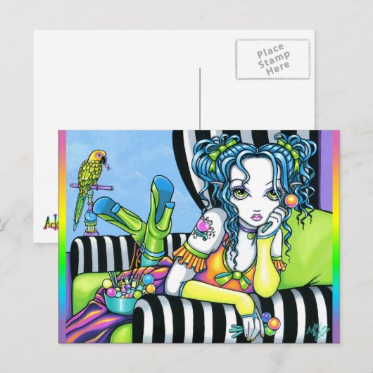 "Alisha" Snoep Rainbow Parrot Fae Art Briefkaart (Voorkant / Achterkant)