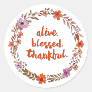 Alive Blessed Thankful Floral Waterverf Wreator Ronde Sticker