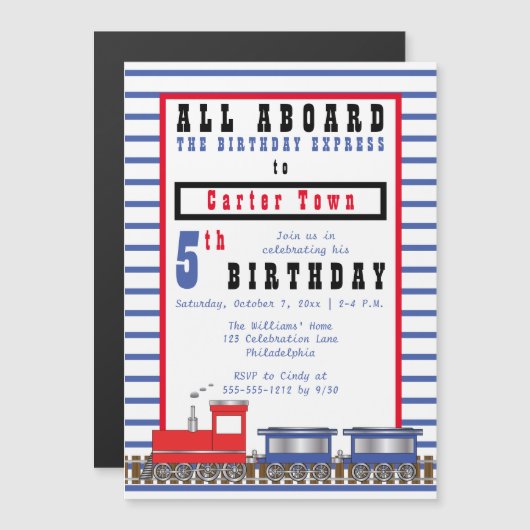 All Aboard 5th Birthday Express Choo Choo Train Magnetische Uitnodiging (Voorkant / Achterkant)