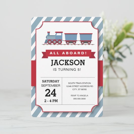 ALL ABOARD red blue train verjaarparty Kaart (Staand voorkant)