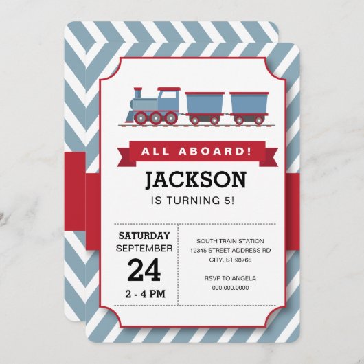 ALL ABOARD red blue train verjaarparty Kaart (Voorkant / Achterkant)