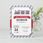 ALL ABOARD red blue train verjaarparty Kaart (Staand voorkant)