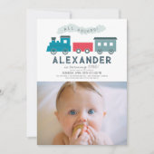 All Aboard Steam Train Blue Boy 1st Birthday Foto Kaart (Voorkant)