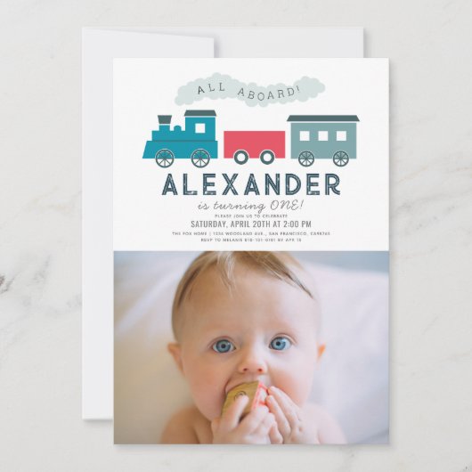All Aboard Steam Train Blue Boy 1st Birthday Foto Kaart (Voorkant)