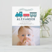 All Aboard Steam Train Blue Boy 1st Birthday Foto Kaart (Staand voorkant)