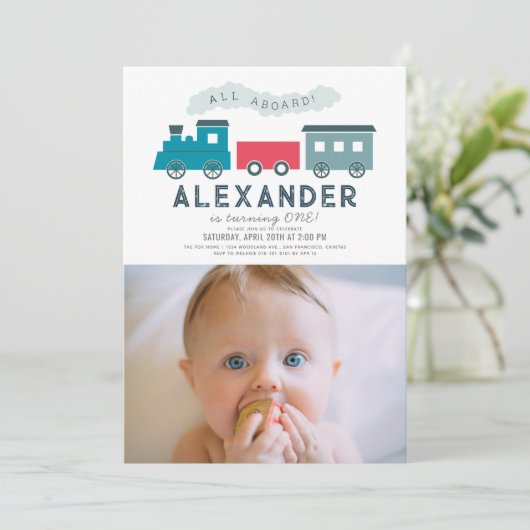 All Aboard Steam Train Blue Boy 1st Birthday Foto Kaart (Staand voorkant)