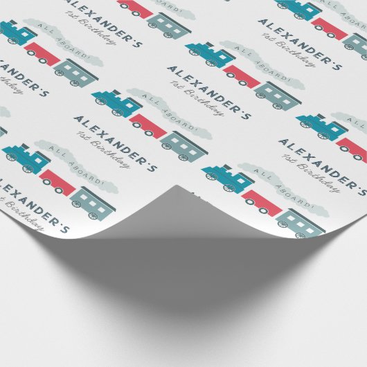 All Aboard Steam Train Blue Boy Birthday Cadeaupapier (Hoek)