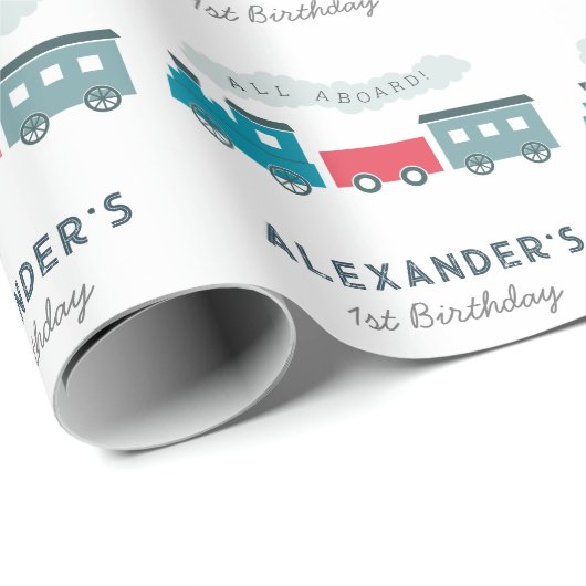 All Aboard Steam Train Blue Boy Birthday Cadeaupapier (Rol Hoek)