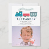 All Aboard Steam Train Blue Boy Birthday Foto Kaart (Voorkant)