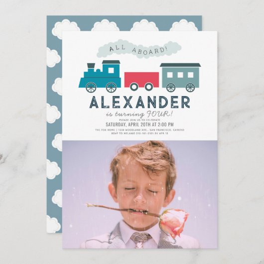 All Aboard Steam Train Blue Boy Birthday Foto Kaart (Voorkant / Achterkant)