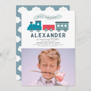 All Aboard Steam Train Blue Boy Birthday Foto Kaart