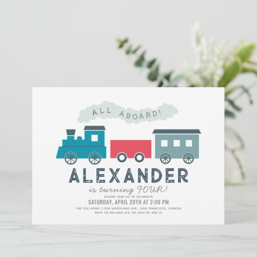 All Aboard Steam Train Blue Boy Birthday Kaart (Staand voorkant)