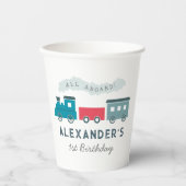 All Aboard Steam Train Blue Boy Birthday Papieren Bekers (Voorkant)