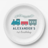 All Aboard Steam Train Blue Boy Birthday Papieren Bordje (Voorkant)