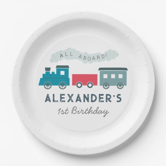 All Aboard Steam Train Blue Boy Birthday Papieren Bordje (Voorkant)
