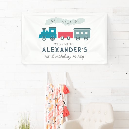 All Aboard Steam Train Blue Boy Birthday Spandoek (Insitu)