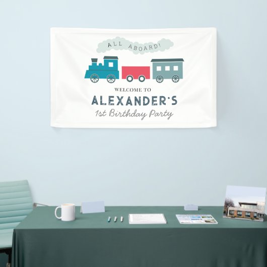 All Aboard Steam Train Blue Boy Birthday Spandoek (Beurs)