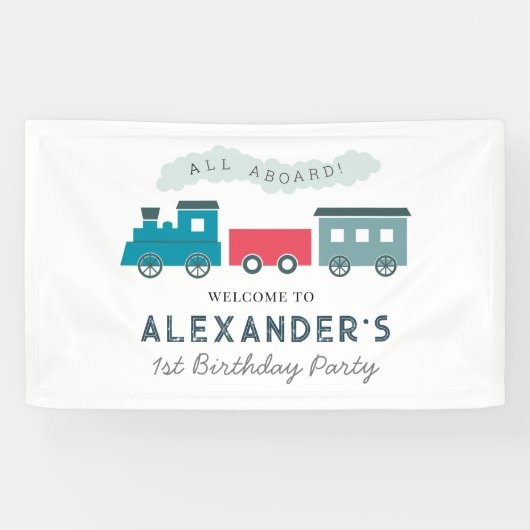 All Aboard Steam Train Blue Boy Birthday Spandoek (Horizontaal)
