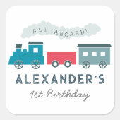 All Aboard Steam Train Blue Boy Birthday Vierkante Sticker (Voorkant)