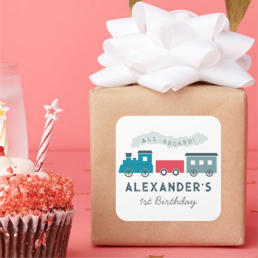 All Aboard Steam Train Blue Boy Birthday Vierkante Sticker (Feest)