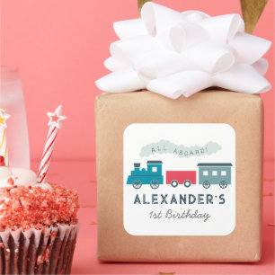 All Aboard Steam Train Blue Boy Birthday Vierkante Sticker