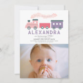 All Aboard Train Pink Girl 1e verjaardag Foto Kaart (Voorkant)