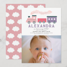 All Aboard Train Pink Girl 1e verjaardag Foto Kaart